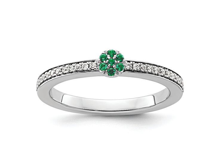 14K White Gold Stackable Expressions Lab Created Emerald and Diamond Ring 0.075ctw