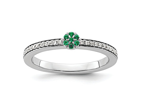 14K White Gold Stackable Expressions Lab Created Emerald and Diamond Ring 0.075ctw