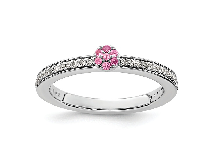 14K White Gold Stackable Expressions Pink Tourmaline and Diamond Ring 0.075ctw