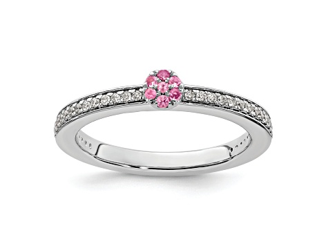 14K White Gold Stackable Expressions Pink Tourmaline and Diamond Ring 0.075ctw