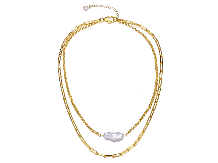 Genuine Freshwater Pearl, 14K Yellow Gold Plated over Sterling Silver Lobster Claw Layered Necklace