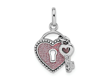 Picture of Rhodium Over Sterling Silver Cubic Zirconia Glitter Infused Heart and Key Pendant