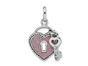 Rhodium Over Sterling Silver Cubic Zirconia Glitter Infused Heart and Key Pendant