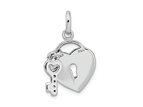 Rhodium Over Sterling Silver Cubic Zirconia Glitter Infused Heart and Key Pendant