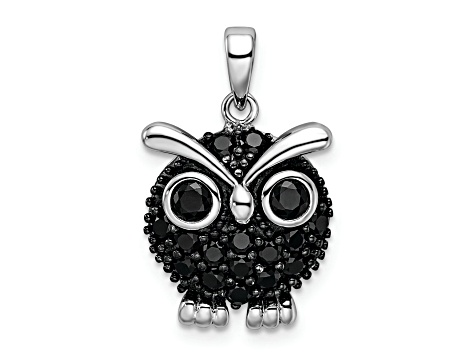 Rhodium Over Sterling Silver Black Rhodium Black Cubic Zirconia Owl Pendant