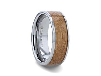 Picture of MALT Whiskey Barrel Inlaid Tungsten Men's Wedding Band, Flat Polished Whiskey Barrel Edges