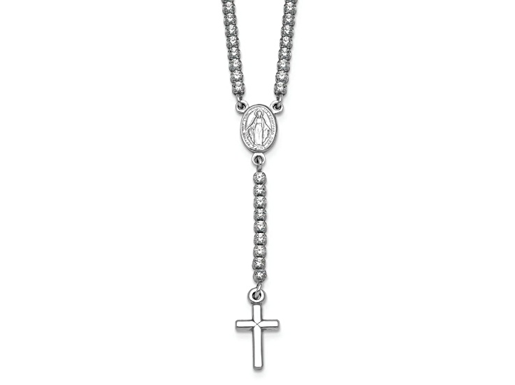 Rhodium Over Sterling Silver Polished Cubic Zirconia 15.5-inch with 2-inch Extension Rosary Necklace