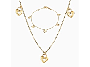 14K Solid Gold Dangling Hearts Bracelet Necklace Set
