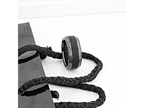 KNIGHT Steel Chain Black Titanium Wedding Ring Polished Beveled Edges Set with Black Diamonds 10mm