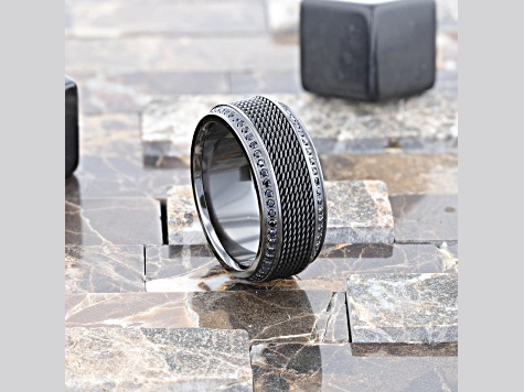 KNIGHT Steel Chain Black Titanium Wedding Ring Polished Beveled Edges Set with Black Diamonds 10mm