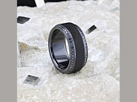 KNIGHT Steel Chain Black Titanium Wedding Ring Polished Beveled Edges Set with Black Diamonds 10mm
