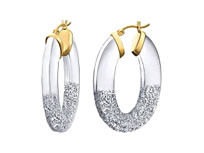 14K Yellow Gold Over Sterling Silver Flat Oval Hoops in Silver Color Glitter and Clear