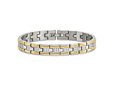 White Cubic Zirconia Stainless Steel Polished Yellow IP Plated Men's Bracelet