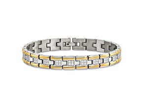 White Cubic Zirconia Stainless Steel Polished Yellow IP Plated Men's Bracelet
