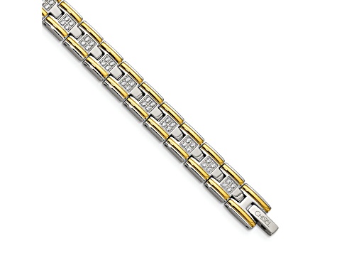 White Cubic Zirconia Stainless Steel Polished Yellow IP Plated Men's Bracelet