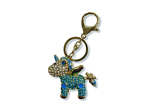 Gold Tone Blue and Clear Crystal Flying Unicorn Key Chain