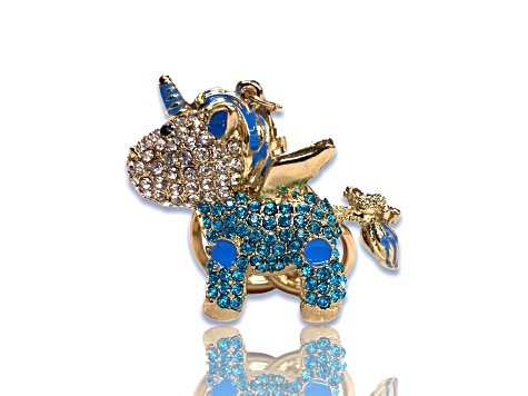 Gold Tone Blue and Clear Crystal Flying Unicorn Key Chain