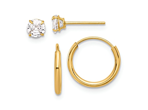 14k Yellow Gold Polished 4.5mm Cubic Zirconia Studs and Small 7/16" Endless Hoop Earring Set