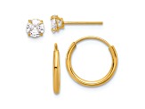 14k Yellow Gold Polished 4.5mm Cubic Zirconia Studs and Small 7/16" Endless Hoop Earring Set