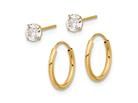 14k Yellow Gold Polished 4.5mm Cubic Zirconia Studs and Small 7/16" Endless Hoop Earring Set