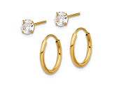 14k Yellow Gold Polished 4.5mm Cubic Zirconia Studs and Small 7/16" Endless Hoop Earring Set