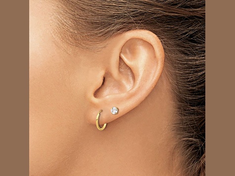 14k Yellow Gold Polished 4.5mm Cubic Zirconia Studs and Small 7/16" Endless Hoop Earring Set