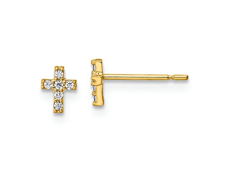 14K Yellow Gold Children's Cubic Zirconia Cross Stud Earrings