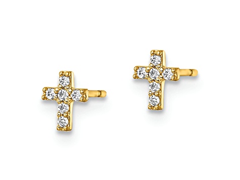 14K Yellow Gold Children's Cubic Zirconia Cross Stud Earrings