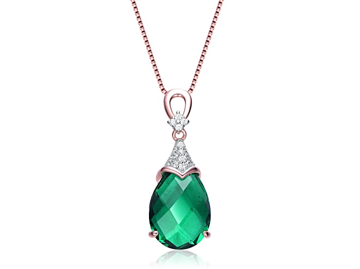 Emerald Green Cubic Zirconia, 18K Rose Gold Plated over Sterling Silver Teardrop Necklace