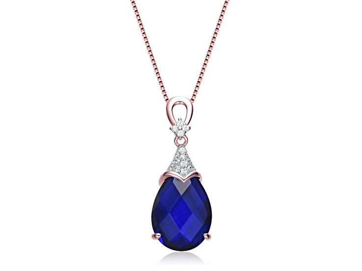 Sapphire Blue Cubic Zirconia, 18K Rose Gold Plated over Sterling Silver Teardrop Necklace