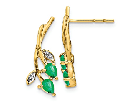 10k Yellow Gold Rhodium Over 10k Yellow Gold Diamond and 0.54ctw Emerald Floral Dangle Earrings