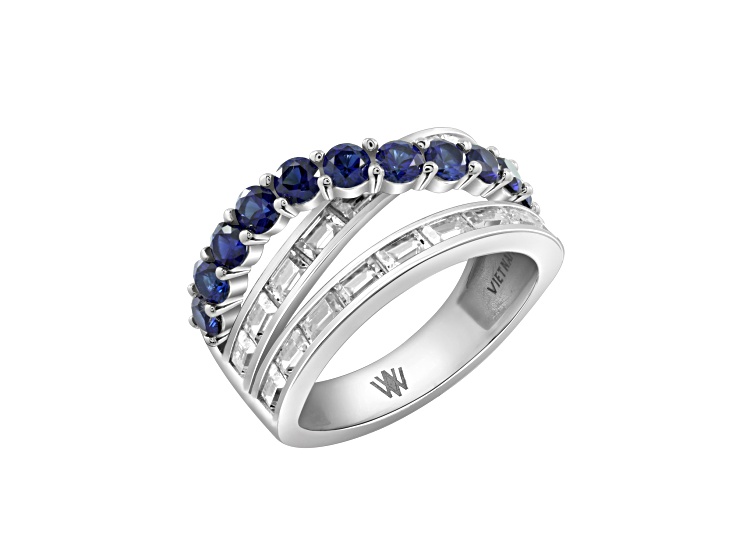 Lab Created Blue Saphhire And White Cubic Zirconia Platinum Over Sterling Silver Ring 2.54ctw
