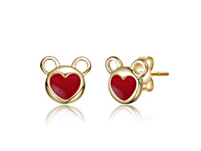 Red Heart Enamel, 14K Gold Plated over Brass Bear Face Design Stud Earrings for Kids