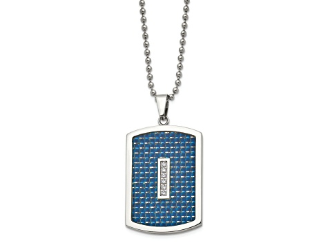 White Cubic Zirconia Stainless Steel With Blue Carbon Fiber Inlay Men's Dog Tag Pendant With Chain