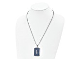 White Cubic Zirconia Stainless Steel With Blue Carbon Fiber Inlay Men's Dog Tag Pendant With Chain