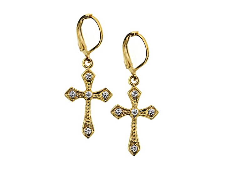 Symbols of Faith Gold-Tone Crystal Cross Drop Earrings