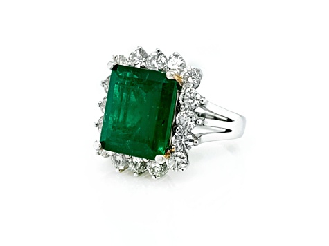 7.01 Ctw Emerald and 2.72 Ctw White Diamond Ring in 18K 2-Tone