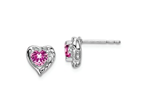 Rhodium Over 14K White Gold Lab Created Pink Sapphire and Diamond Heart Earrings