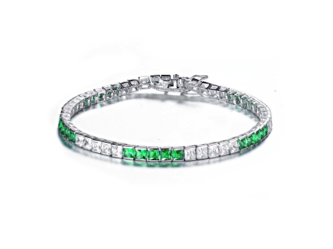Emerald Green & Clear Cubic Zirconia, Sterling Silver Tennis Bracelet