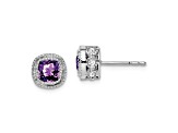 Rhodium Over 10k White Gold 7.3mm 0.65ctw Cushion Amethyst Birthstone and Diamond Stud Earrings