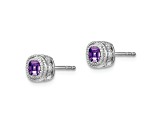 Rhodium Over 10k White Gold 7.3mm 0.65ctw Cushion Amethyst Birthstone and Diamond Stud Earrings