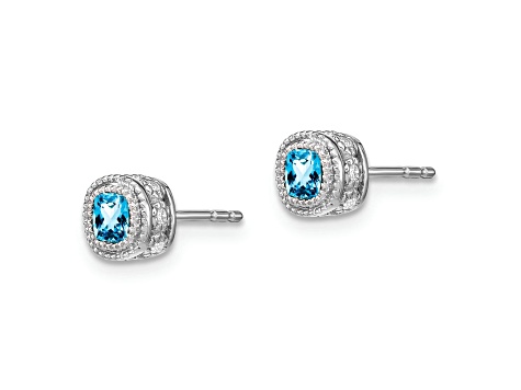 Rhodium Over 10k White Gold 7.3mm 0.65ctw Cushion Blue Topaz Birthstone and Diamond Stud Earrings