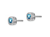 Rhodium Over 10k White Gold 7.3mm 0.65ctw Cushion Blue Topaz Birthstone and Diamond Stud Earrings