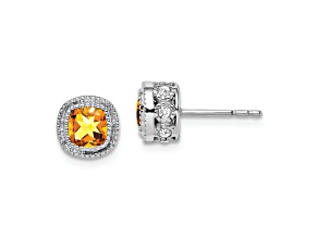 Rhodium Over 10k White Gold 7.3mm 0.65ctw Cushion Citrine Birthstone and Diamond Stud Earrings
