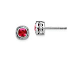 Rhodium Over 10k White Gold 7.3mm 0.5ctw Cushion Ruby July Birthstone and Diamond Stud Earrings