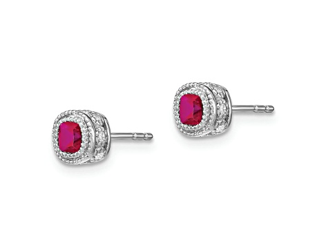 Rhodium Over 10k White Gold 7.3mm 0.5ctw Cushion Ruby July Birthstone and Diamond Stud Earrings