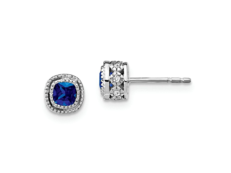 Rhodium Over 10k White Gold 7.3mm 0.5ctw Cushion Sapphire Birthstone and Diamond Stud Earrings