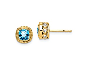 10k Yellow Gold 7.3mm 0.65ctw Cushion Blue Topaz December Birthstone and Diamond Stud Earrings