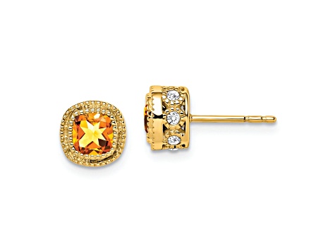 10k Yellow Gold 7.3mm 0.65ctw Cushion Citrine November Birthstone and Diamond Stud Earrings