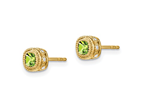 10k Yellow Gold 7.3mm 0.65ctw Cushion Peridot August Birthstone and Diamond Stud Earrings